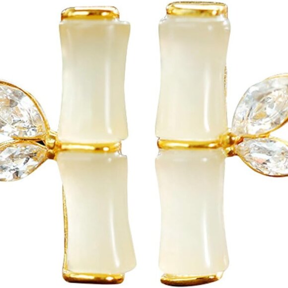 Gold Bamboo Leaf Drop Earrings for Women Chic Rhinestone Jewelry - Picture 1 of 6